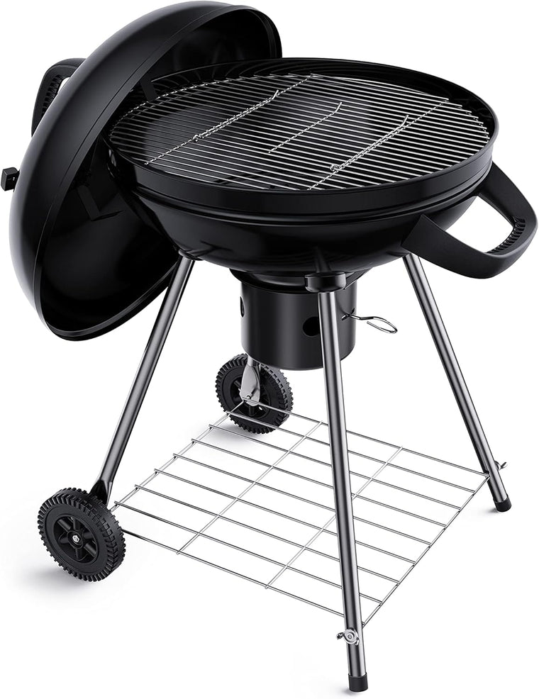 22-Inch Kettle Charcoal BBQ Grill with Lid Thermometer, Plated Steel Grates, Integrated Wheels and Slide-Out Ash Catcher for Patio, Picnic and Backyard Cooking